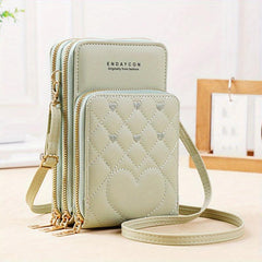Heart Embroidery Vertical Wallet Mini Zipper Crossbody Purse