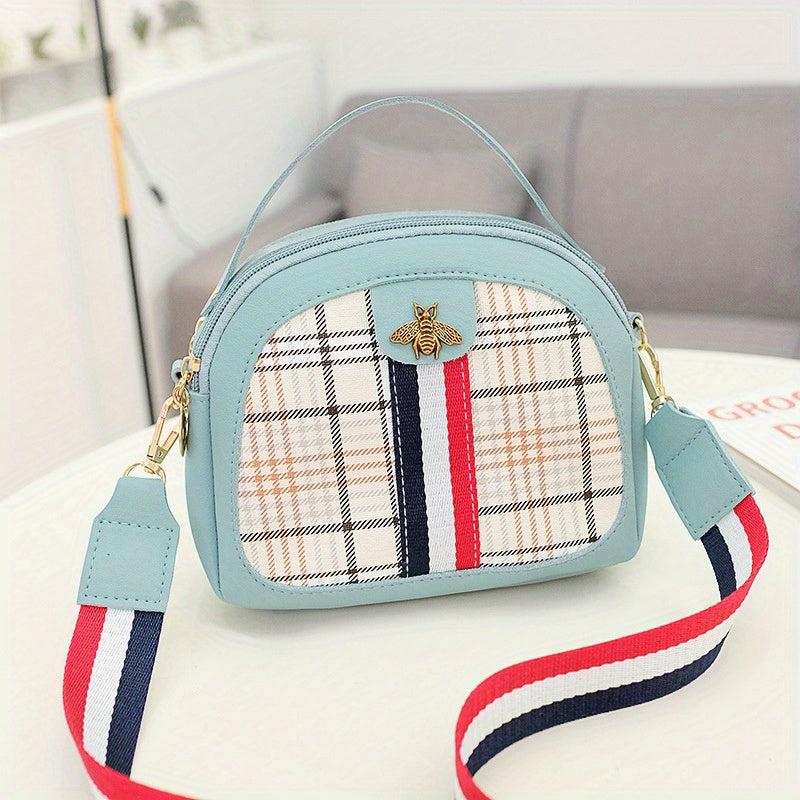 Plaid Pattern Handbags Bee Crossbody Bag Zipper Shoulder Purse