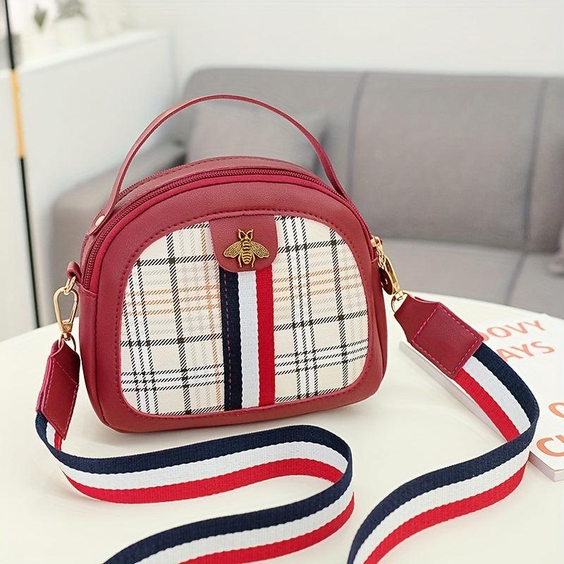 Plaid Pattern Handbags Bee Crossbody Bag Zipper Shoulder Purse