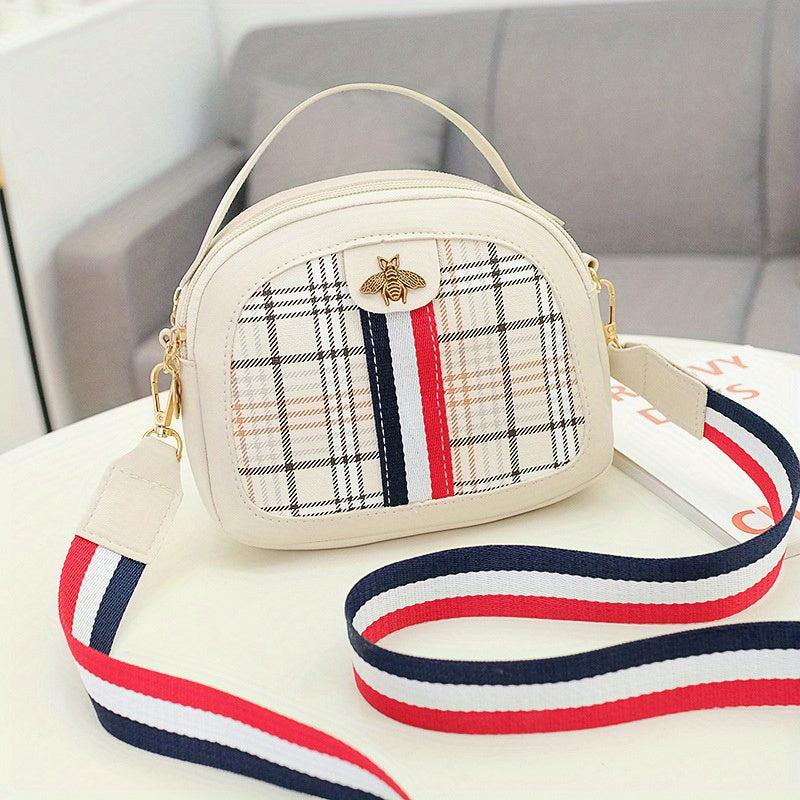 Plaid Pattern Handbags Bee Crossbody Bag Zipper Shoulder Purse