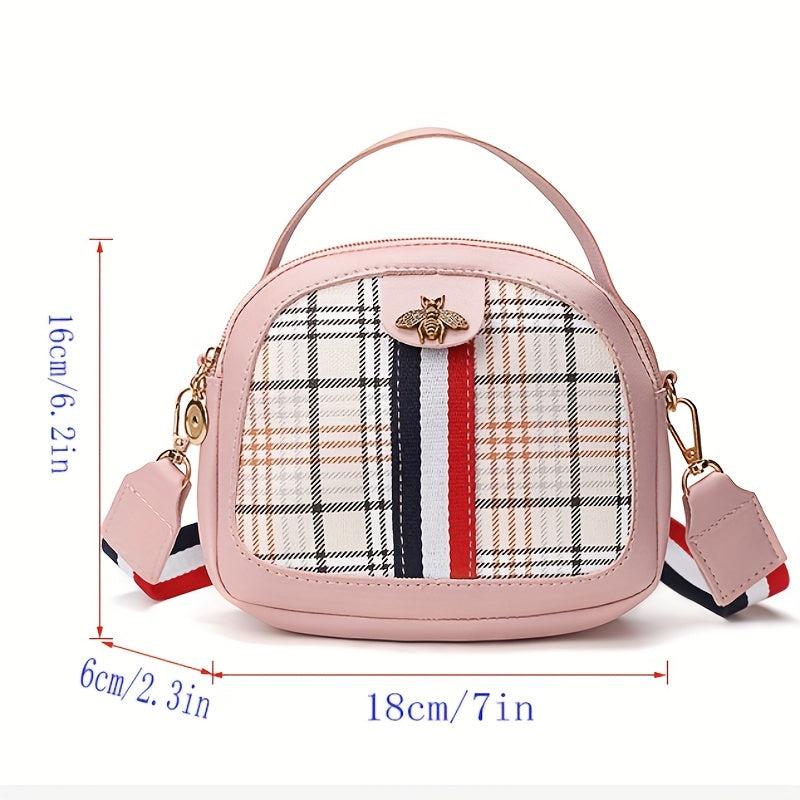 Plaid Pattern Handbags Bee Crossbody Bag Zipper Shoulder Purse
