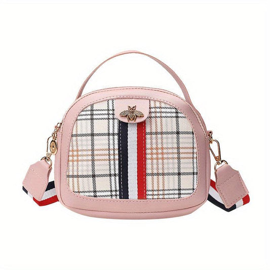 Plaid Pattern Handbags Bee Crossbody Bag Zipper Shoulder Purse