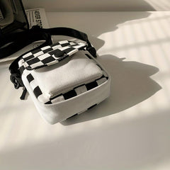 Checkered Canvas Crossbody Bag Pocket Front Square Purse Mini Shoulder Bag