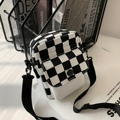Checkered Canvas Crossbody Bag Pocket Front Square Purse Mini Shoulder Bag