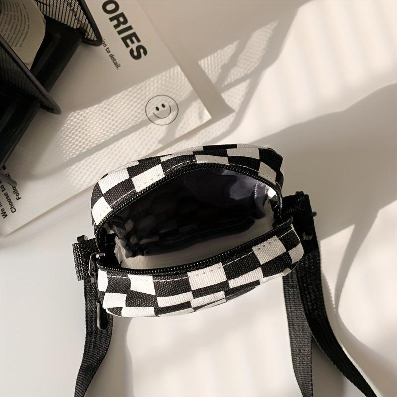Checkered Canvas Crossbody Bag Pocket Front Square Purse Mini Shoulder Bag