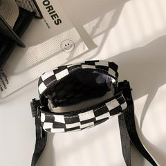 Checkered Canvas Crossbody Bag Pocket Front Square Purse Mini Shoulder Bag