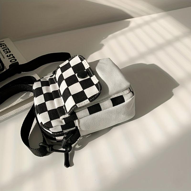 Checkered Canvas Crossbody Bag Pocket Front Square Purse Mini Shoulder Bag