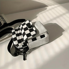Checkered Canvas Crossbody Bag Pocket Front Square Purse Mini Shoulder Bag