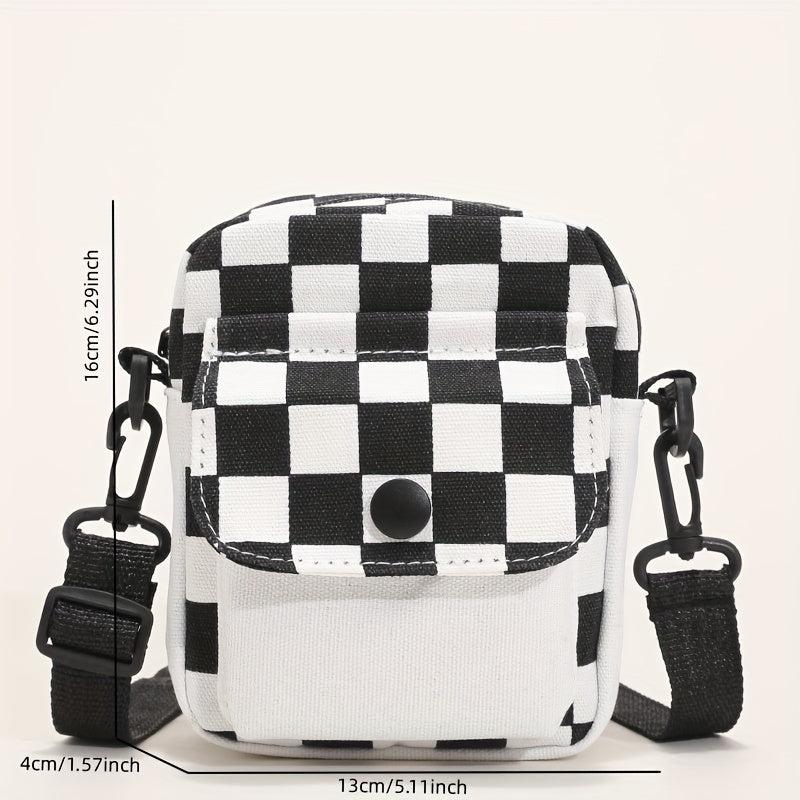 Checkered Canvas Crossbody Bag Pocket Front Square Purse Mini Shoulder Bag