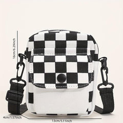 Checkered Canvas Crossbody Bag Pocket Front Square Purse Mini Shoulder Bag