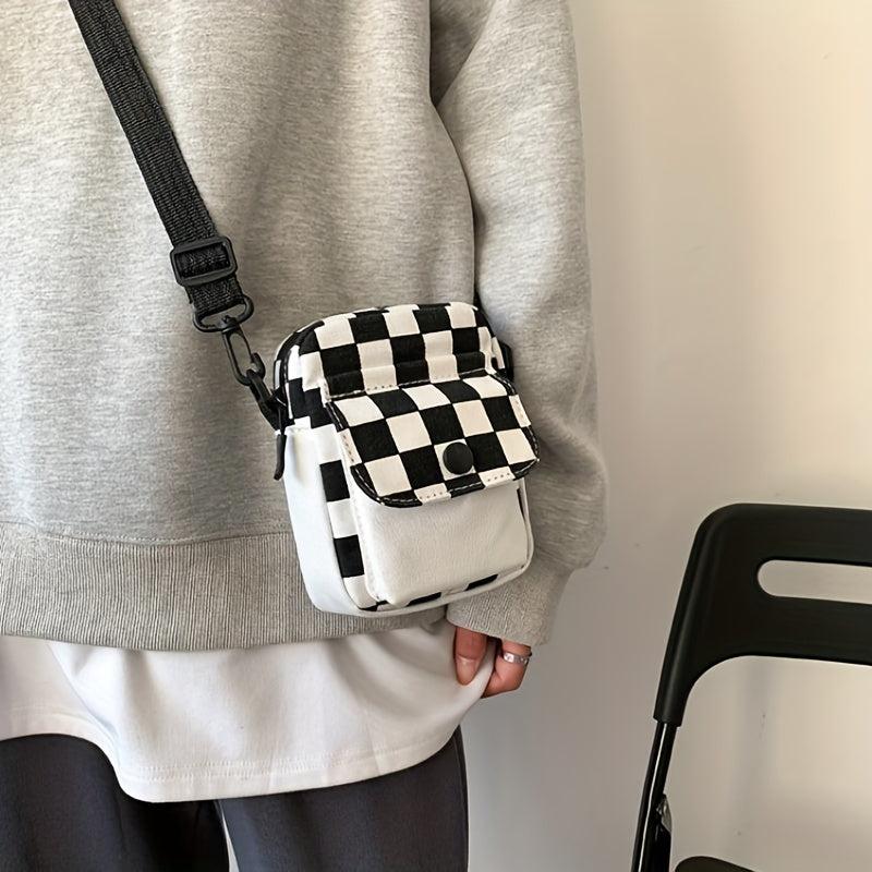Checkered Canvas Crossbody Bag Pocket Front Square Purse Mini Shoulder Bag