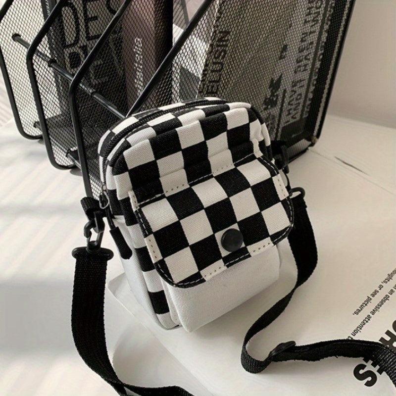 Checkered Canvas Crossbody Bag Pocket Front Square Purse Mini Shoulder Bag