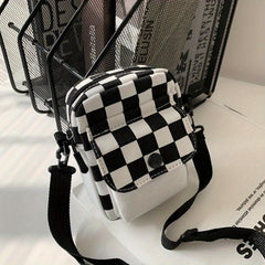 Checkered Canvas Crossbody Bag Pocket Front Square Purse Mini Shoulder Bag