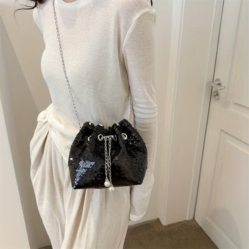 Sequins Decor Bucket Bag Glitter Drawstring Crossbody Bag For Women