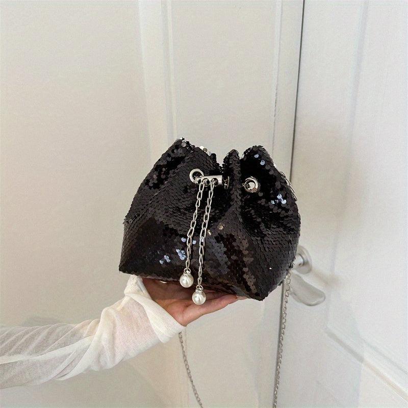 Sequins Decor Bucket Bag Glitter Drawstring Crossbody Bag For Women