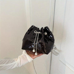 Sequins Decor Bucket Bag Glitter Drawstring Crossbody Bag For Women