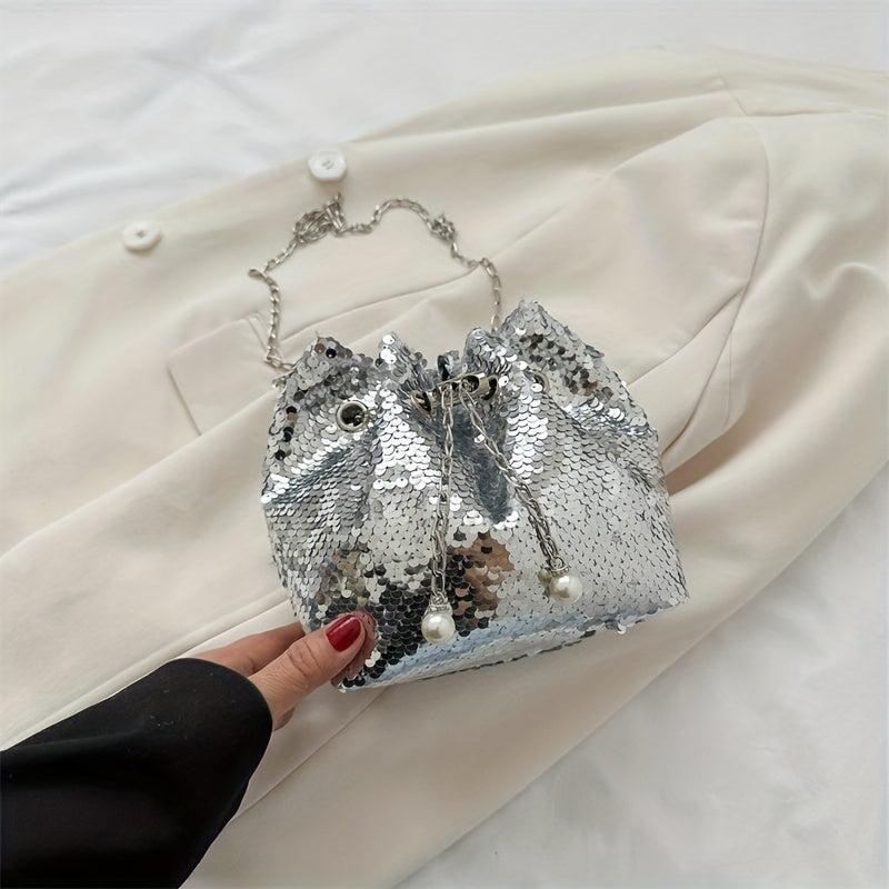 Sequins Decor Bucket Bag Glitter Drawstring Crossbody Bag For Women