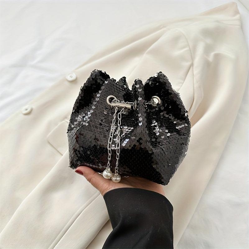Sequins Decor Bucket Bag Glitter Drawstring Crossbody Bag For Women