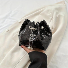 Sequins Decor Bucket Bag Glitter Drawstring Crossbody Bag For Women