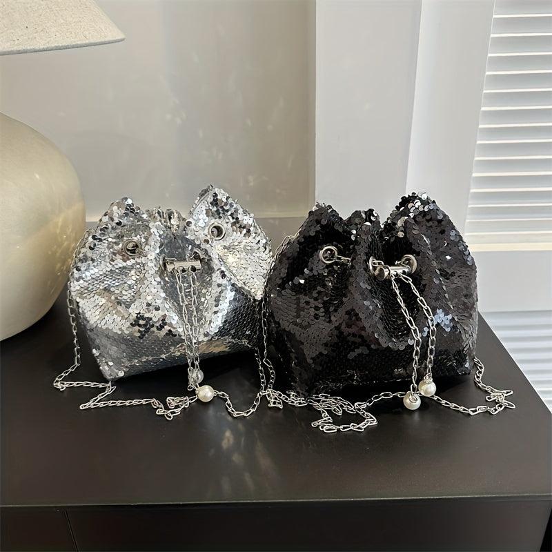 Sequins Decor Bucket Bag Glitter Drawstring Crossbody Bag For Women