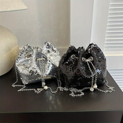 Sequins Decor Bucket Bag Glitter Drawstring Crossbody Bag For Women