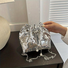 Sequins Decor Bucket Bag Glitter Drawstring Crossbody Bag For Women