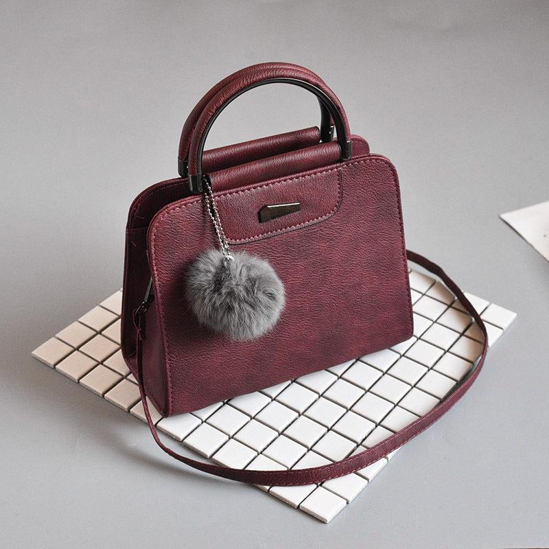 Retro Tote Bag Solid Crossbody Satchel Purse with Plush Ball Pendant