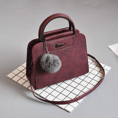 Retro Tote Bag Solid Crossbody Satchel Purse with Plush Ball Pendant