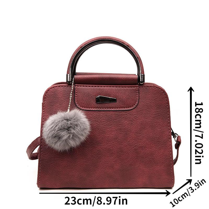 Retro Tote Bag Solid Crossbody Satchel Purse with Plush Ball Pendant