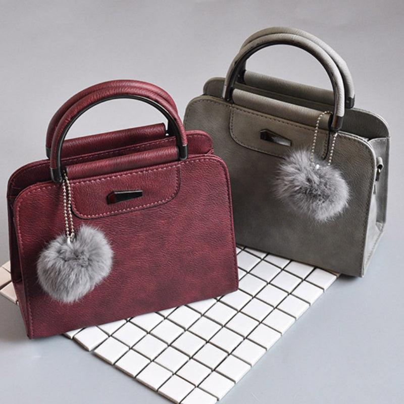 Retro Tote Bag Solid Crossbody Satchel Purse with Plush Ball Pendant