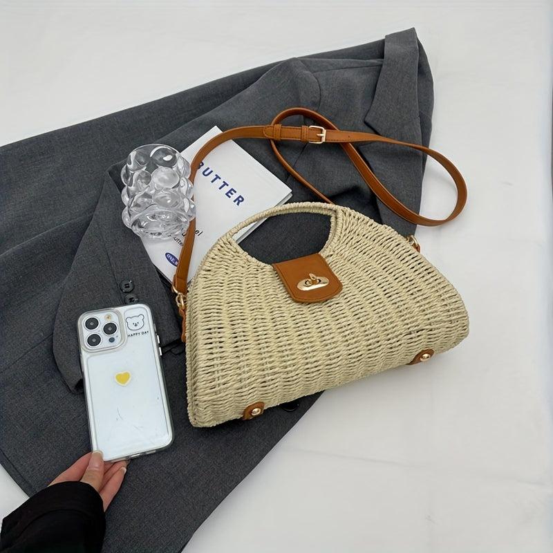 Straw Woven Beach Bag Boho Style Crossbody Top Handle Clutch Purse