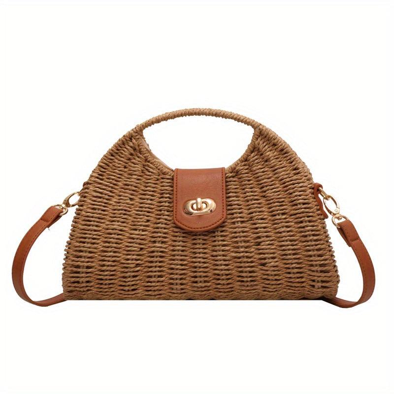 Straw Woven Beach Bag Boho Style Crossbody Top Handle Clutch Purse