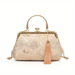 Embroidered Tassel Shoulder Bag with Detachable Chain for Banquets and Travel