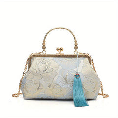 Embroidered Tassel Shoulder Bag with Detachable Chain for Banquets and Travel