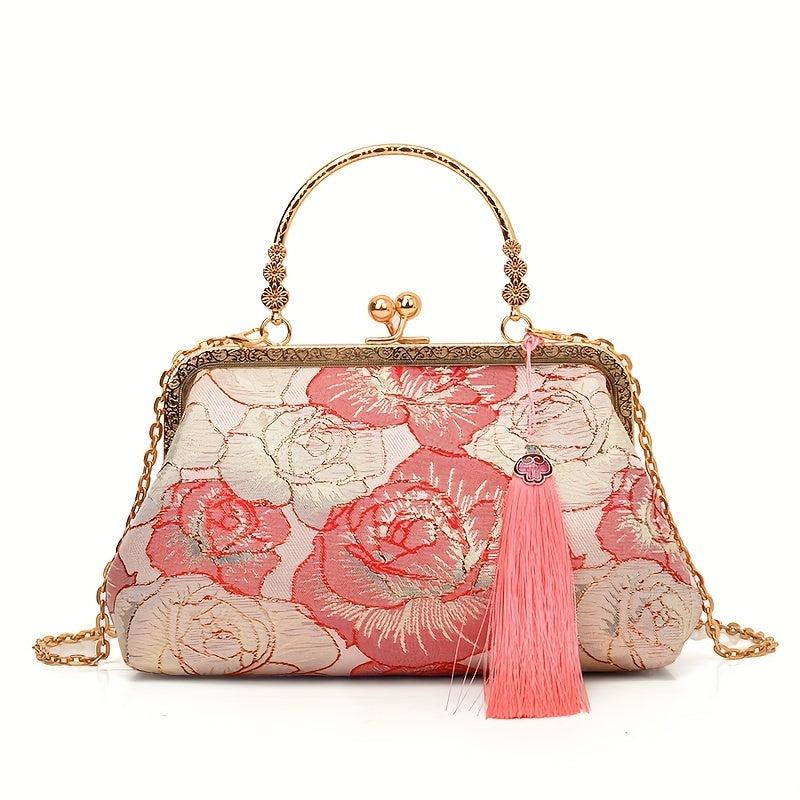Embroidered Tassel Shoulder Bag with Detachable Chain for Banquets and Travel