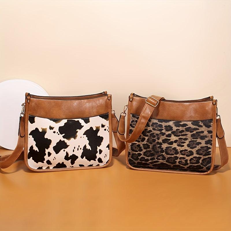 Vintage Cow Print Crossbody Bag Leopard Shoulder Faux Leather Purse