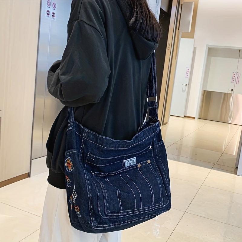 Large Capacity Denim Hobo Tote Bag Lightweight Shoulder Bag