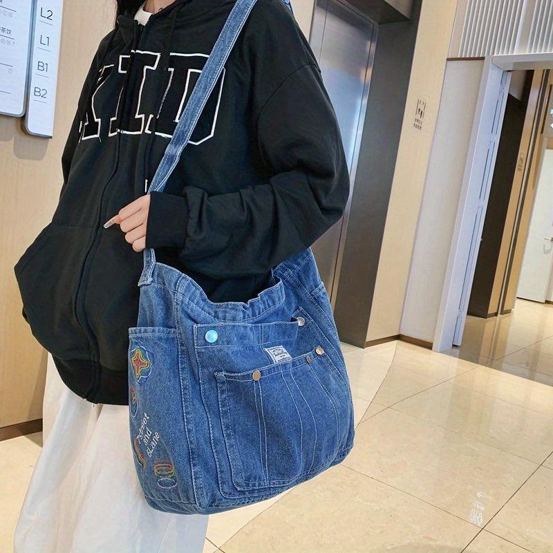 Large Capacity Denim Hobo Tote Bag Lightweight Shoulder Bag
