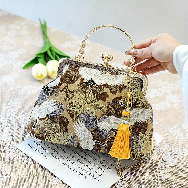 Vintage Chinese Crane Pattern Clutch Purse Handbag