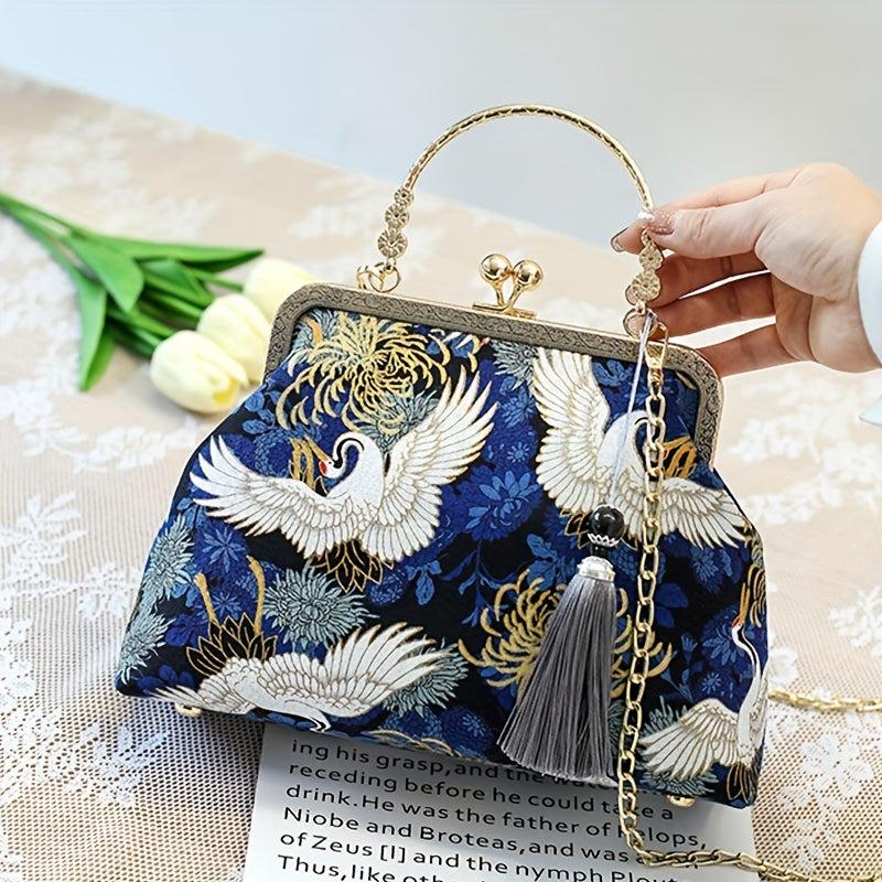 Vintage Chinese Crane Pattern Clutch Purse Handbag