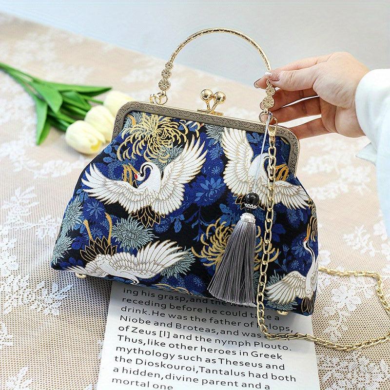 Vintage Chinese Crane Pattern Clutch Purse Handbag