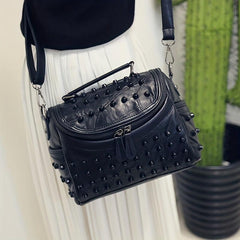 Studded Shoulder Bag Portable Handle Zipper Handbag Detachable Strap