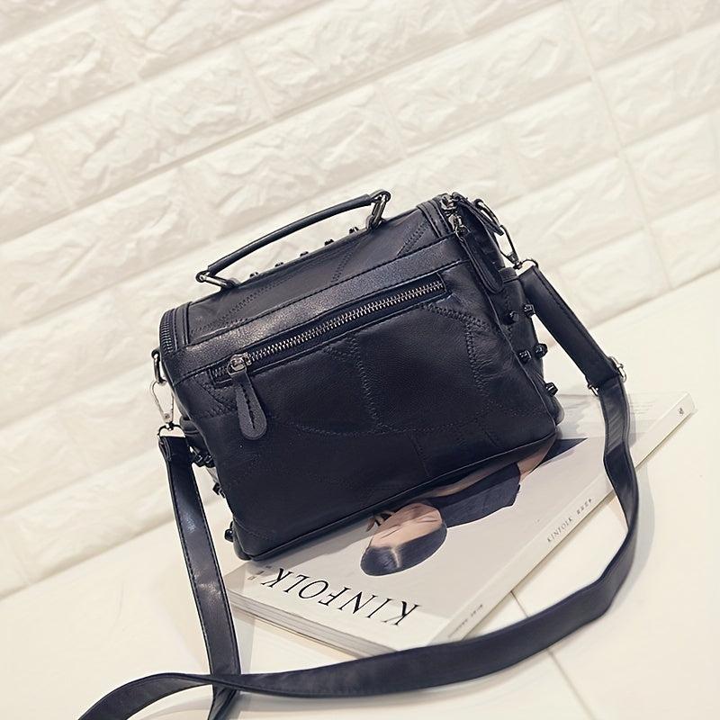Studded Shoulder Bag Portable Handle Zipper Handbag Detachable Strap