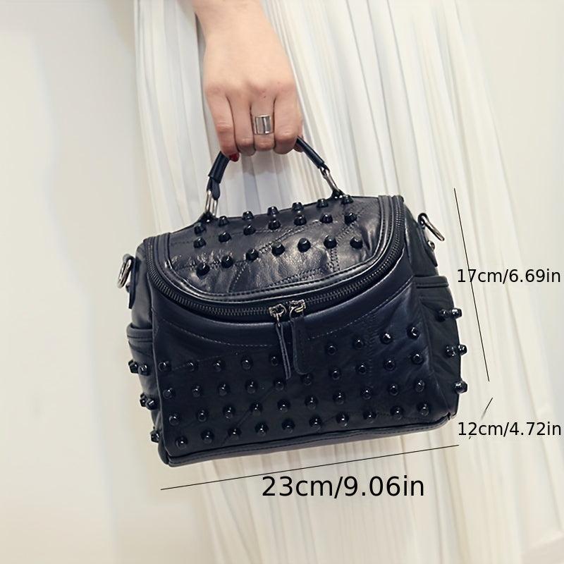 Studded Shoulder Bag Portable Handle Zipper Handbag Detachable Strap