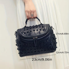 Studded Shoulder Bag Portable Handle Zipper Handbag Detachable Strap