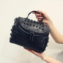 Studded Shoulder Bag Portable Handle Zipper Handbag Detachable Strap