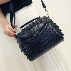 Studded Shoulder Bag Portable Handle Zipper Handbag Detachable Strap