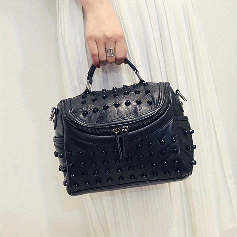 Studded Shoulder Bag Portable Handle Zipper Handbag Detachable Strap
