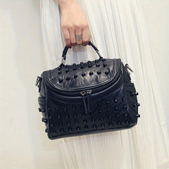 Studded Shoulder Bag Portable Handle Zipper Handbag Detachable Strap