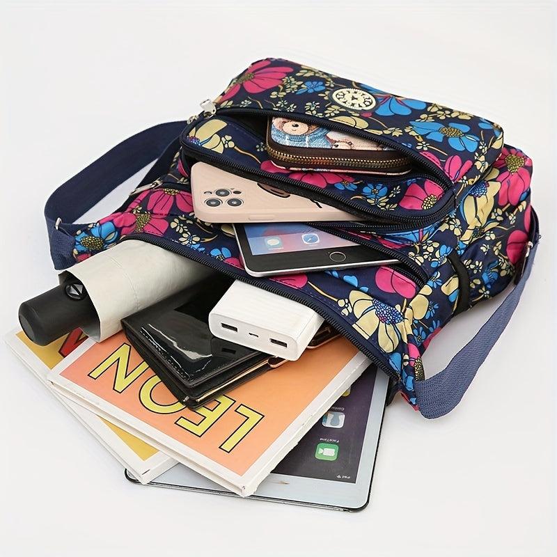 Floral Pattern Crossbody Bag Nylon Shoulder Bag Women's Zipper Purse